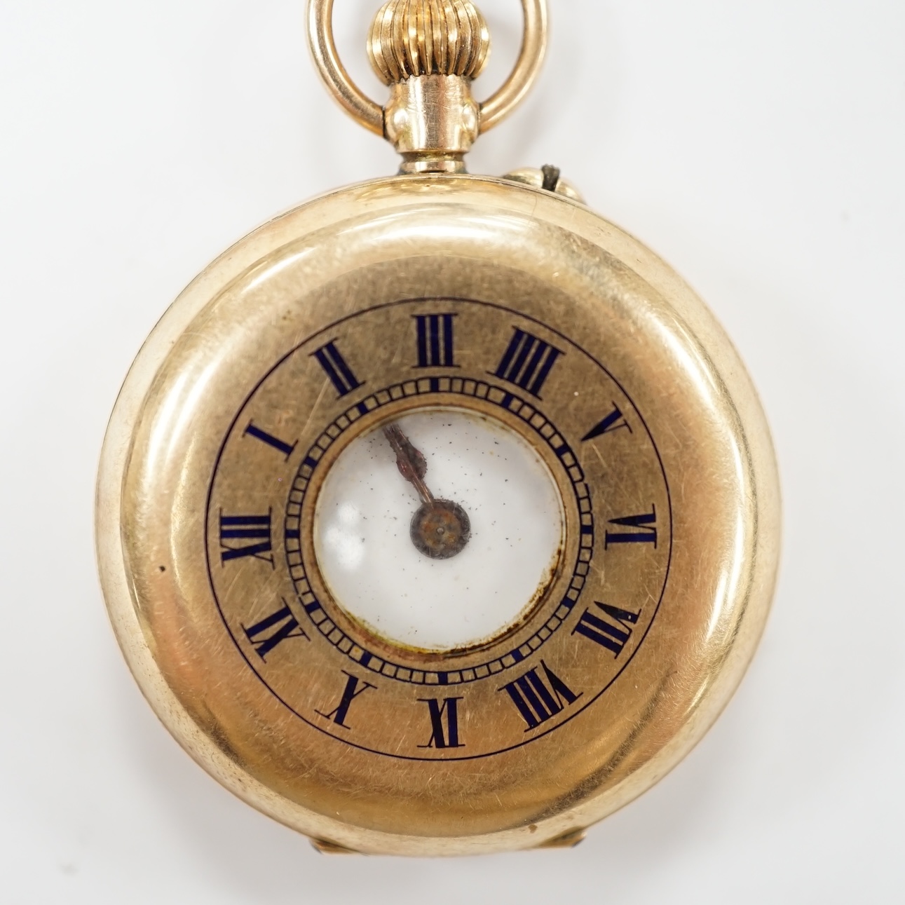 An Edwardian 12ct gold half hunter fob watch, with Arabic dial and Roman chapter ring, gross weight 20.8 grams. Condition - poor